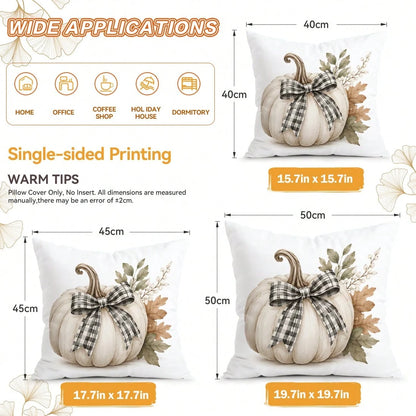 4pcs Plaid Bow White Pumpkin Gentle Autumn Pattern Pillow Covers, Single-Sided Printed Pillow Covers, Suitable For Living Room, Bedroom, Home Decor, All-Season Pillow Covers
