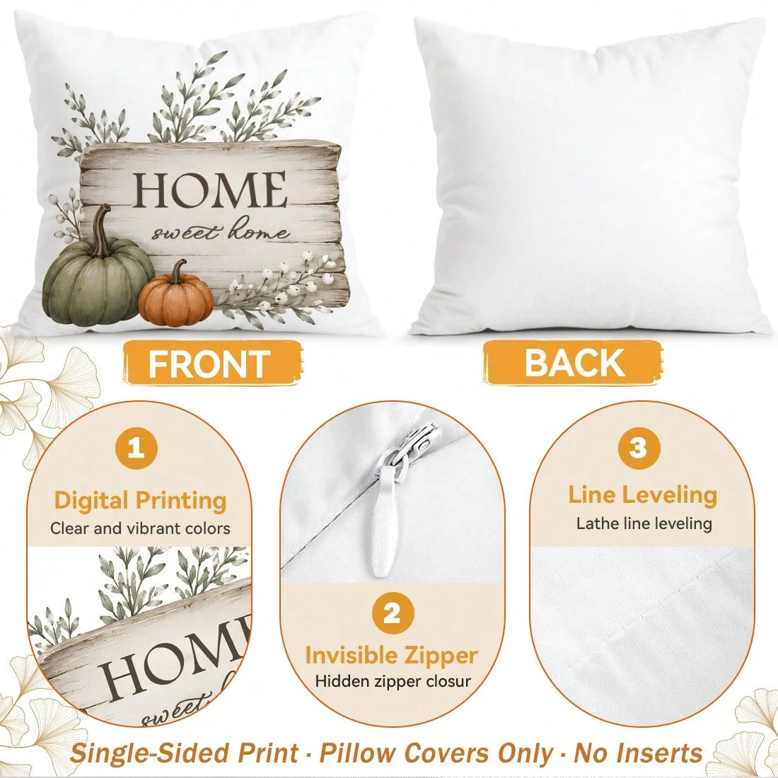 4pcs Plaid Bow White Pumpkin Gentle Autumn Pattern Pillow Covers, Single-Sided Printed Pillow Covers, Suitable For Living Room, Bedroom, Home Decor, All-Season Pillow Covers