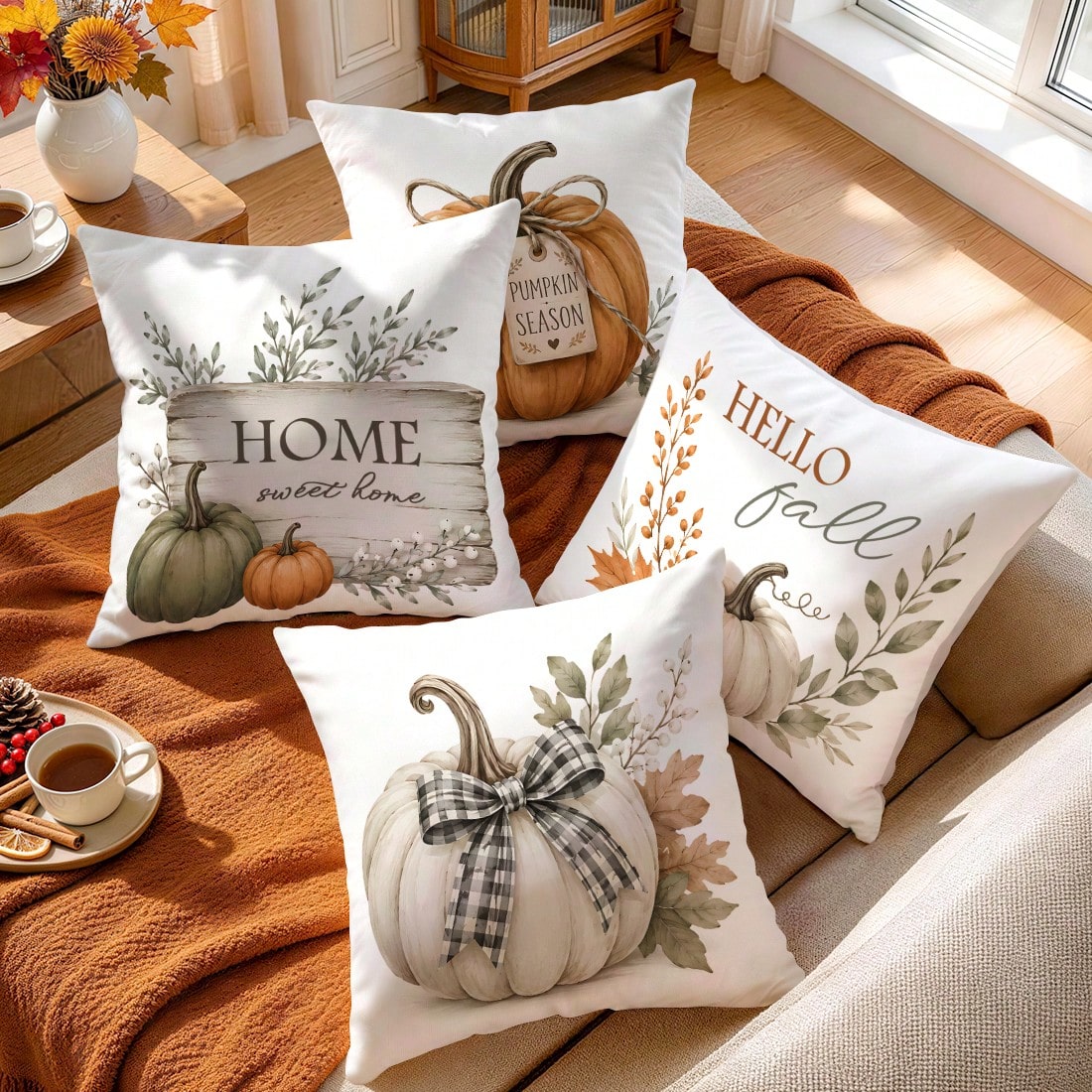 4pcs Plaid Bow White Pumpkin Gentle Autumn Pattern Pillow Covers, Single-Sided Printed Pillow Covers, Suitable For Living Room, Bedroom, Home Decor, All-Season Pillow Covers