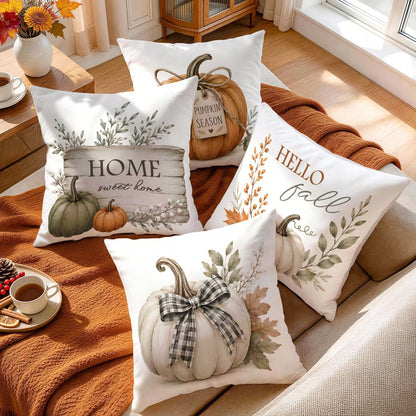 4pcs Plaid Bow White Pumpkin Gentle Autumn Pattern Pillow Covers, Single-Sided Printed Pillow Covers, Suitable For Living Room, Bedroom, Home Decor, All-Season Pillow Covers