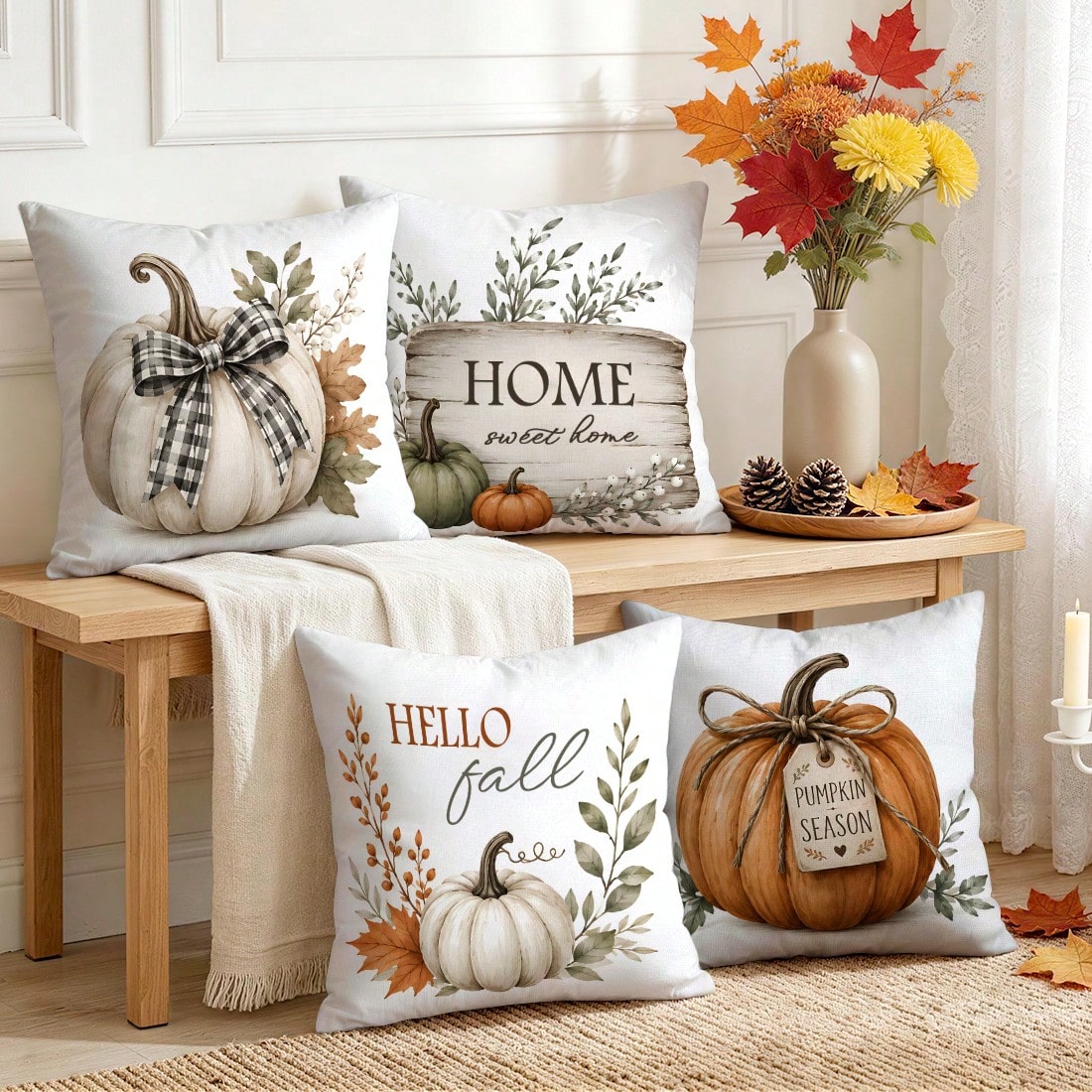 4pcs Plaid Bow White Pumpkin Gentle Autumn Pattern Pillow Covers, Single-Sided Printed Pillow Covers, Suitable For Living Room, Bedroom, Home Decor, All-Season Pillow Covers
