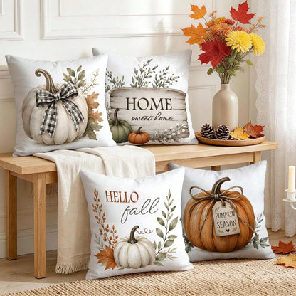4pcs Plaid Bow White Pumpkin Gentle Autumn Pattern Pillow Covers, Single-Sided Printed Pillow Covers, Suitable For Living Room, Bedroom, Home Decor, All-Season Pillow Covers