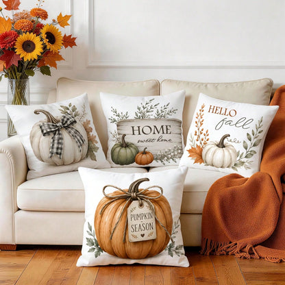 4pcs Plaid Bow White Pumpkin Gentle Autumn Pattern Pillow Covers, Single-Sided Printed Pillow Covers, Suitable For Living Room, Bedroom, Home Decor, All-Season Pillow Covers