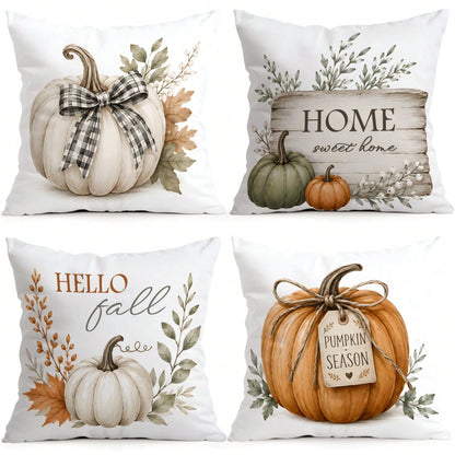 4pcs Plaid Bow White Pumpkin Gentle Autumn Pattern Pillow Covers, Single-Sided Printed Pillow Covers, Suitable For Living Room, Bedroom, Home Decor, All-Season Pillow Covers