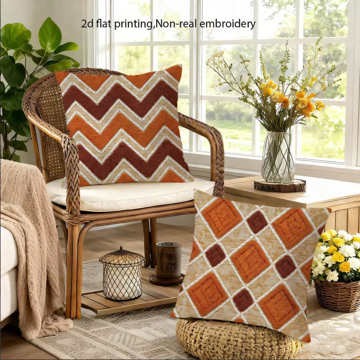 4pcs Set Flat Print Faux Woven Texture Pillow Covers, Vintage Style Orange & Brown Geometric Throw Pillows, Suitable For Sofa, Bedroom; Only Pillowcase For, Pillow Insert Not Included, 45*45cm (17.72
