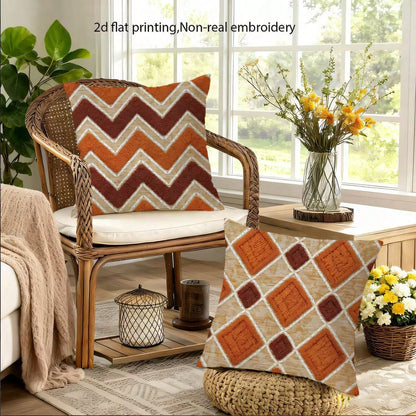 4pcs Set Flat Print Faux Woven Texture Pillow Covers, Vintage Style Orange & Brown Geometric Throw Pillows, Suitable For Sofa, Bedroom; Only Pillowcase For, Pillow Insert Not Included, 45*45cm (17.72