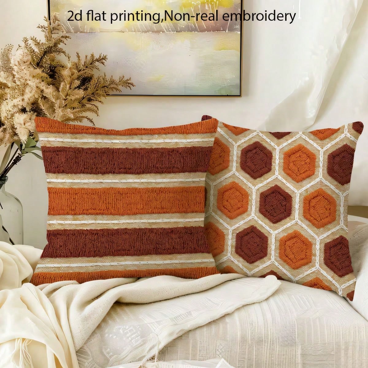 4pcs Set Flat Print Faux Woven Texture Pillow Covers, Vintage Style Orange & Brown Geometric Throw Pillows, Suitable For Sofa, Bedroom; Only Pillowcase For, Pillow Insert Not Included, 45*45cm (17.72