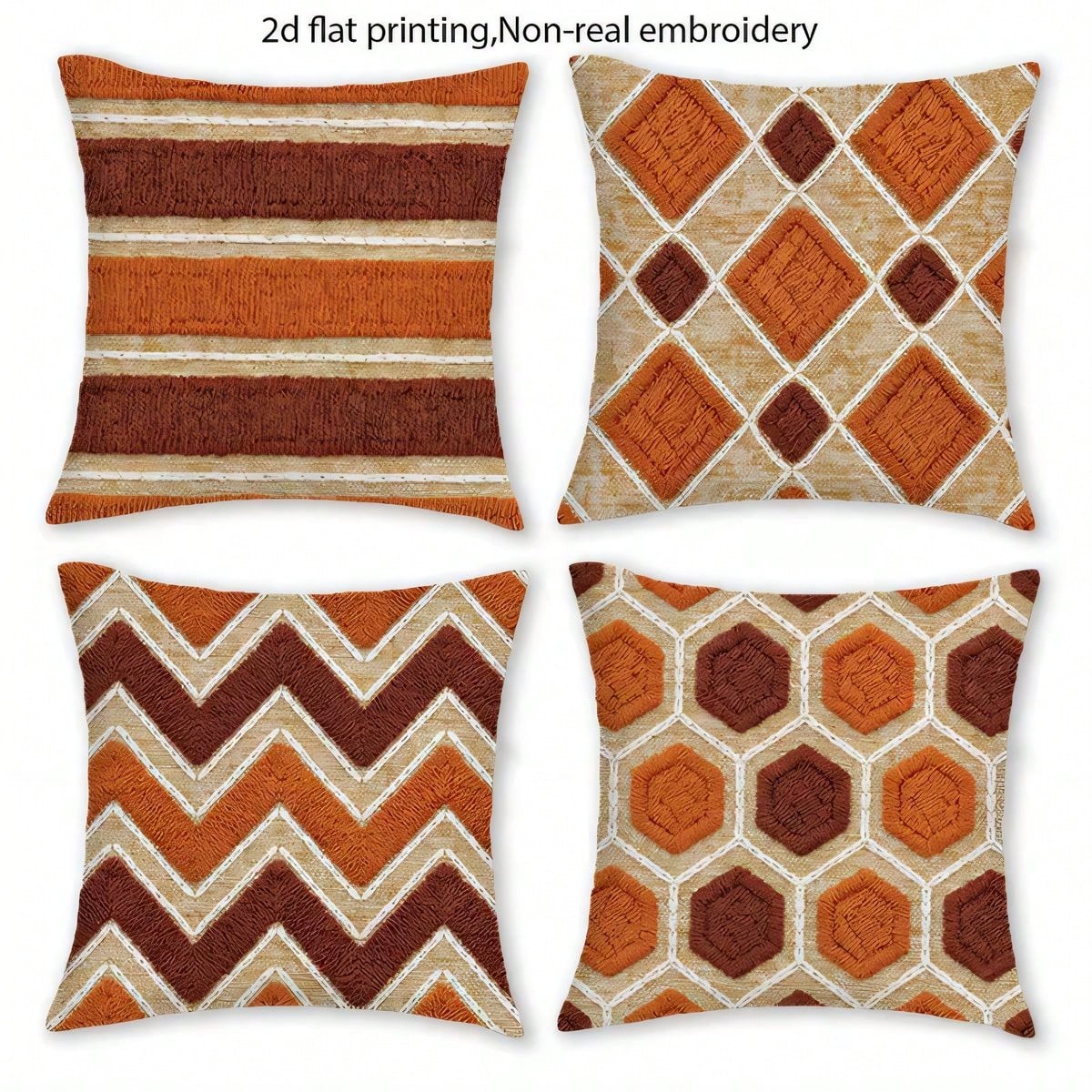 4pcs Set Flat Print Faux Woven Texture Pillow Covers, Vintage Style Orange & Brown Geometric Throw Pillows, Suitable For Sofa, Bedroom; Only Pillowcase For, Pillow Insert Not Included, 45*45cm (17.72