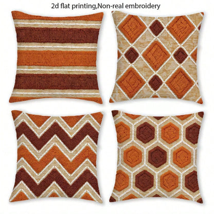 4pcs Set Flat Print Faux Woven Texture Pillow Covers, Vintage Style Orange & Brown Geometric Throw Pillows, Suitable For Sofa, Bedroom; Only Pillowcase For, Pillow Insert Not Included, 45*45cm (17.72