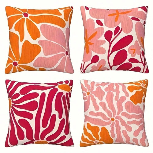 4pcs Set Groovy Floral Polyester Pillow Covers- Bold Colorful Modern Abstract Floral Print Decorative Cushion Covers, 45x45cm Square Zipper Closure, Washable, For Home Decor, Living Room, Bedroom, Ou