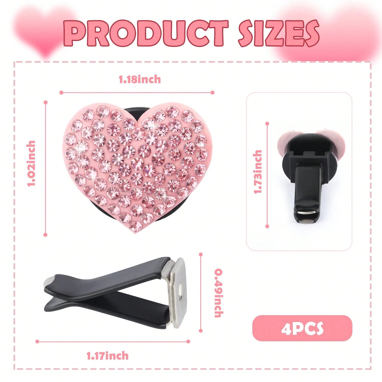 4pcs/Set Heart Shaped Car Air Vent Clip Decoration, Shiny Candy Color Car Vent Decor, High-End Sparkling Car Air Conditioning Vent Accessories (Fragrance Not Included)