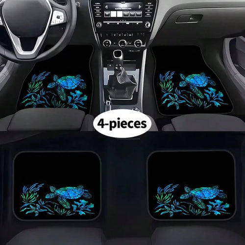 4pcs Turtle And Water Plant Pattern Car Floor Mats| Durable And Easy To Clean, Polyester Fiber Material, Universal Fit, Suitable For All Car Models