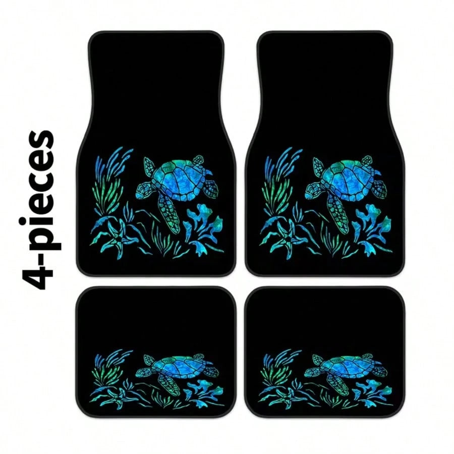 4pcs Turtle And Water Plant Pattern Car Floor Mats| Durable And Easy To Clean, Polyester Fiber Material, Universal Fit, Suitable For All Car Models