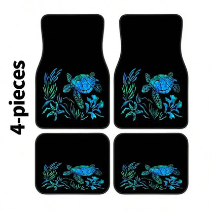 4pcs Turtle And Water Plant Pattern Car Floor Mats| Durable And Easy To Clean, Polyester Fiber Material, Universal Fit, Suitable For All Car Models