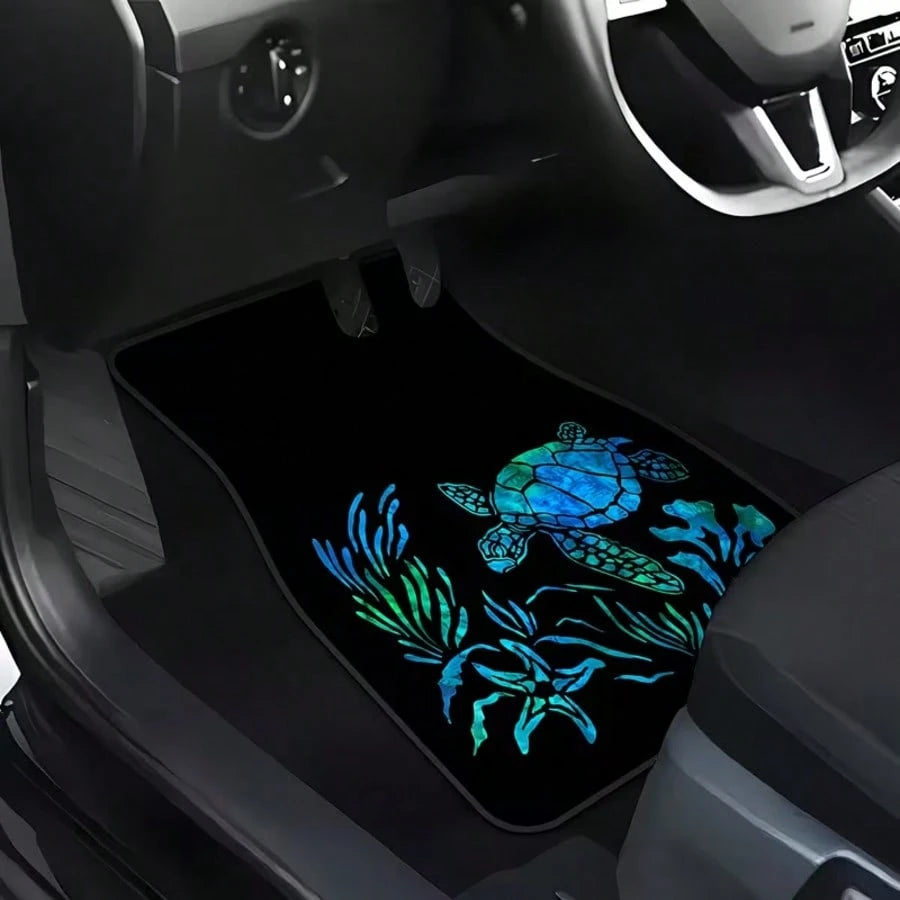 4pcs Turtle And Water Plant Pattern Car Floor Mats| Durable And Easy To Clean, Polyester Fiber Material, Universal Fit, Suitable For All Car Models