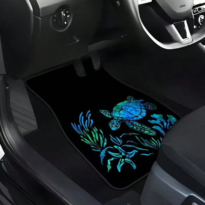 4pcs Turtle And Water Plant Pattern Car Floor Mats| Durable And Easy To Clean, Polyester Fiber Material, Universal Fit, Suitable For All Car Models