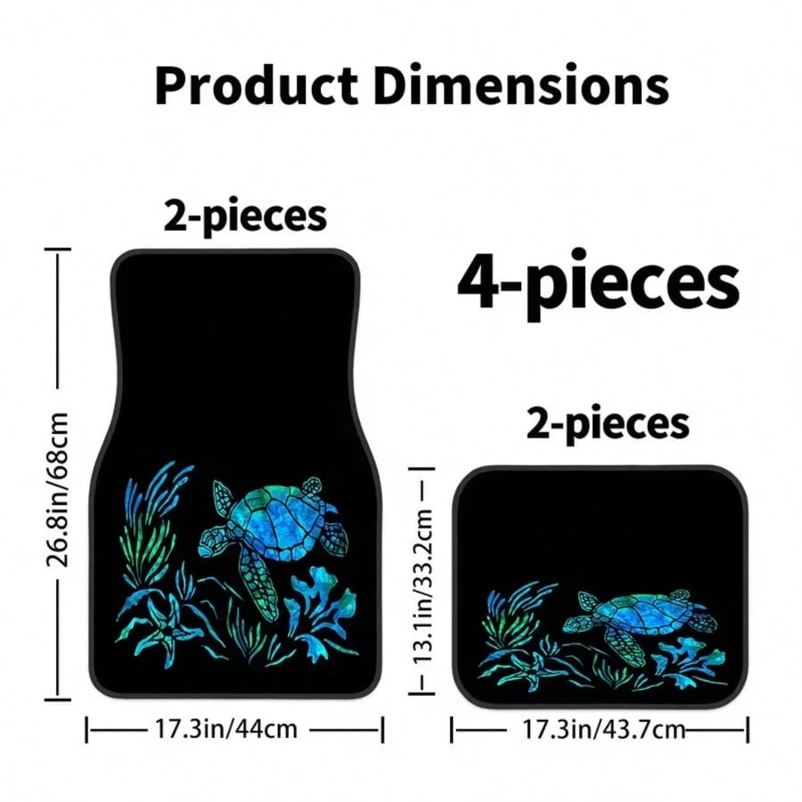 4pcs Turtle And Water Plant Pattern Car Floor Mats| Durable And Easy To Clean, Polyester Fiber Material, Universal Fit, Suitable For All Car Models