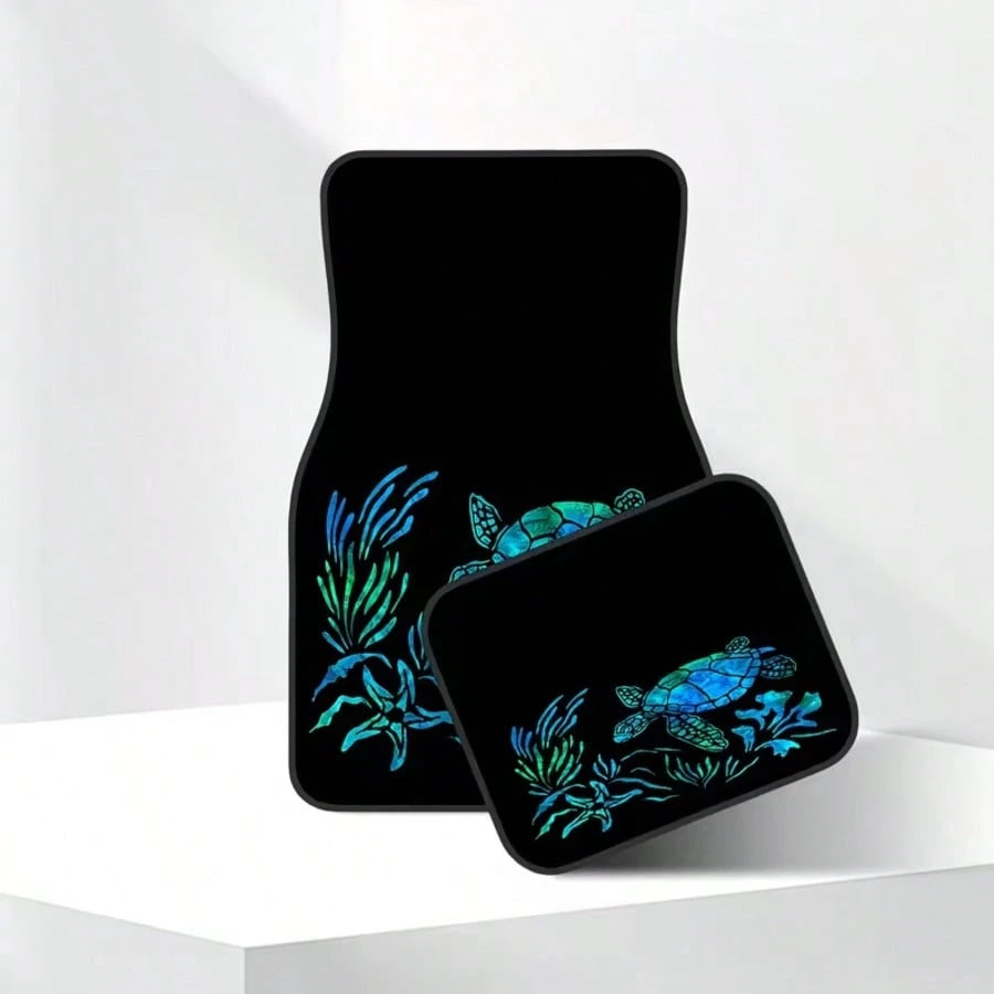 4pcs Turtle And Water Plant Pattern Car Floor Mats| Durable And Easy To Clean, Polyester Fiber Material, Universal Fit, Suitable For All Car Models