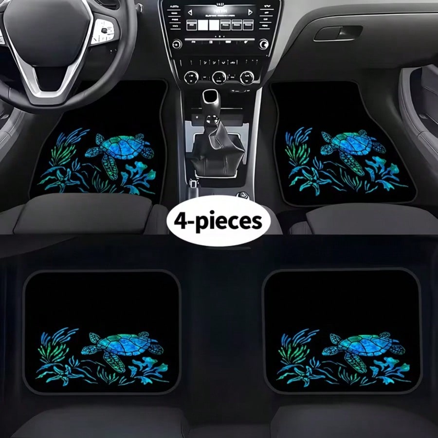4pcs Turtle And Water Plant Pattern Car Floor Mats| Durable And Easy To Clean, Polyester Fiber Material, Universal Fit, Suitable For All Car Models
