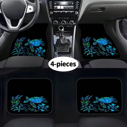 4pcs Turtle And Water Plant Pattern Car Floor Mats| Durable And Easy To Clean, Polyester Fiber Material, Universal Fit, Suitable For All Car Models