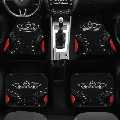 4pcs Universal Car Floor Mats, Black With Shiny Crown Design And Red Accents, 100% Polyester, Providing Stylish Interior Decor For Modern Cars, Combining Protection And Decoration Functions.