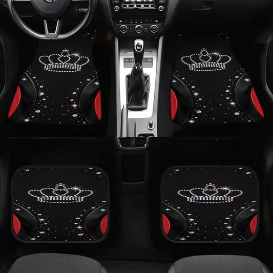 4pcs Universal Car Floor Mats, Black With Shiny Crown Design And Red Accents, 100% Polyester, Providing Stylish Interior Decor For Modern Cars, Combining Protection And Decoration Functions.
