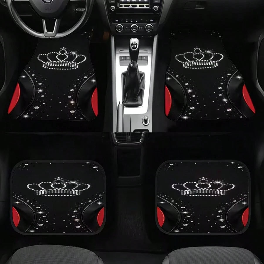4pcs Universal Car Floor Mats, Black With Shiny Crown Design And Red Accents, 100% Polyester, Providing Stylish Interior Decor For Modern Cars, Combining Protection And Decoration Functions.