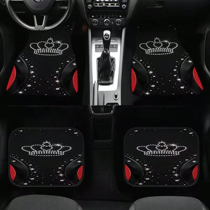 4pcs Universal Car Floor Mats, Black With Shiny Crown Design And Red Accents, 100% Polyester, Providing Stylish Interior Decor For Modern Cars, Combining Protection And Decoration Functions.