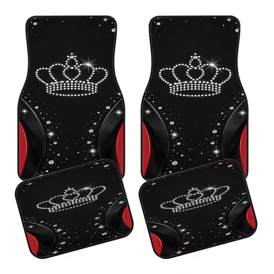 4pcs Universal Car Floor Mats, Black With Shiny Crown Design And Red Accents, 100% Polyester, Providing Stylish Interior Decor For Modern Cars, Combining Protection And Decoration Functions.
