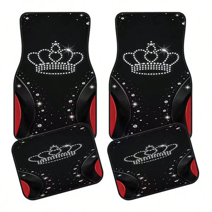 4pcs Universal Car Floor Mats, Black With Shiny Crown Design And Red Accents, 100% Polyester, Providing Stylish Interior Decor For Modern Cars, Combining Protection And Decoration Functions.