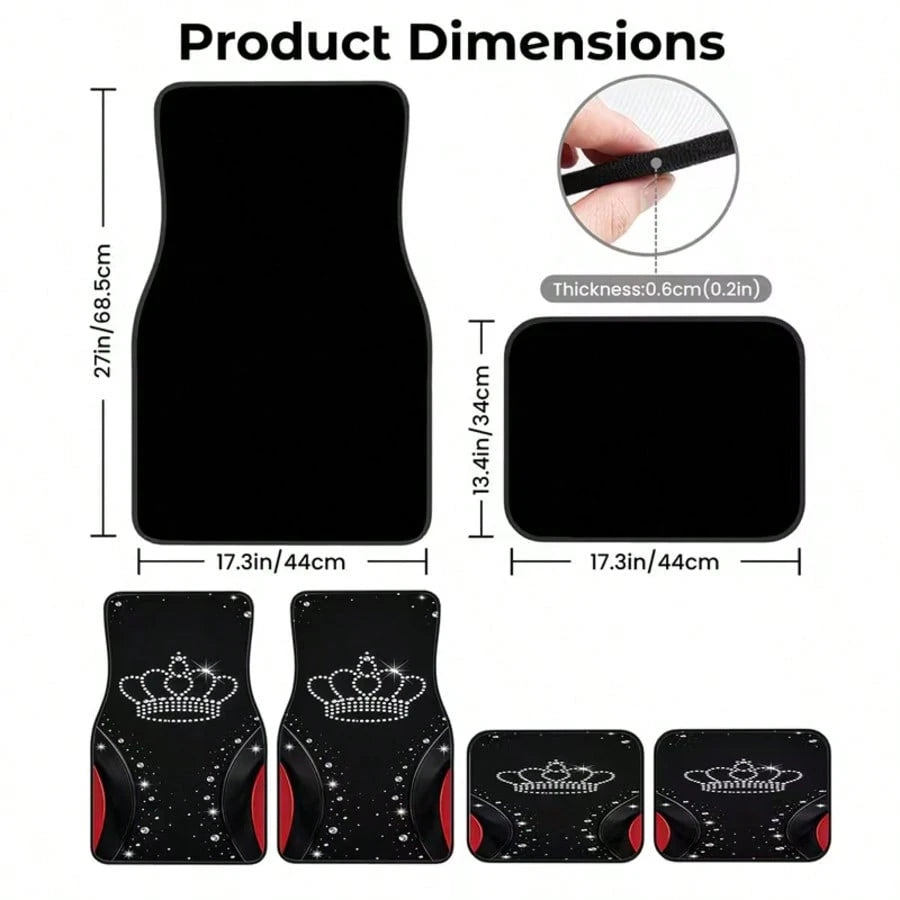4pcs Universal Car Floor Mats, Black With Shiny Crown Design And Red Accents, 100% Polyester, Providing Stylish Interior Decor For Modern Cars, Combining Protection And Decoration Functions.