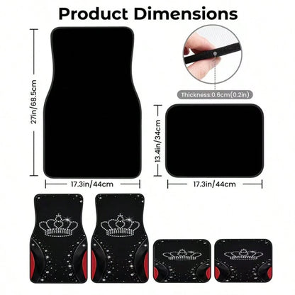 4pcs Universal Car Floor Mats, Black With Shiny Crown Design And Red Accents, 100% Polyester, Providing Stylish Interior Decor For Modern Cars, Combining Protection And Decoration Functions.