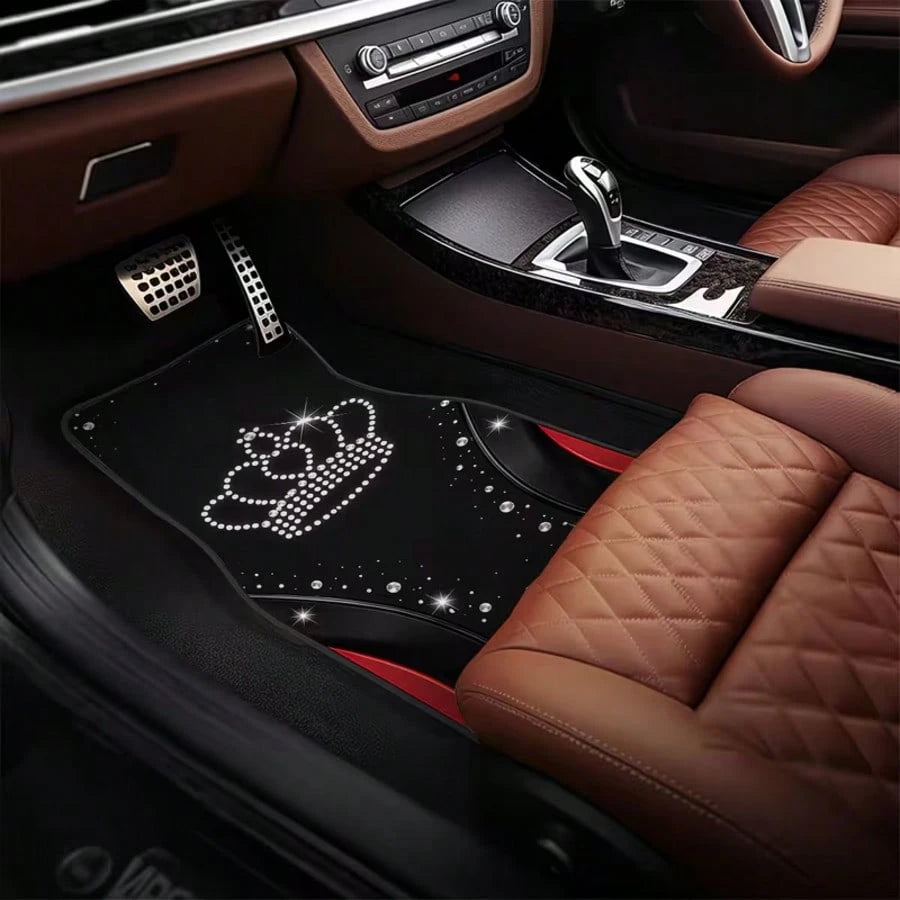 4pcs Universal Car Floor Mats, Black With Shiny Crown Design And Red Accents, 100% Polyester, Providing Stylish Interior Decor For Modern Cars, Combining Protection And Decoration Functions.