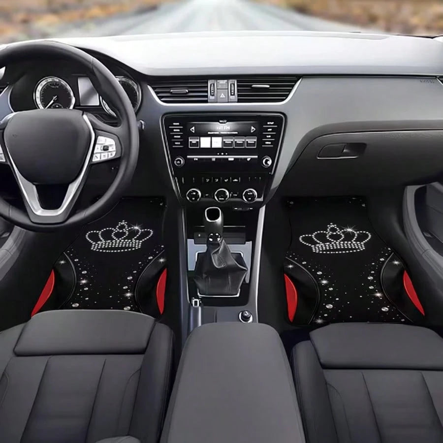 4pcs Universal Car Floor Mats, Black With Shiny Crown Design And Red Accents, 100% Polyester, Providing Stylish Interior Decor For Modern Cars, Combining Protection And Decoration Functions.