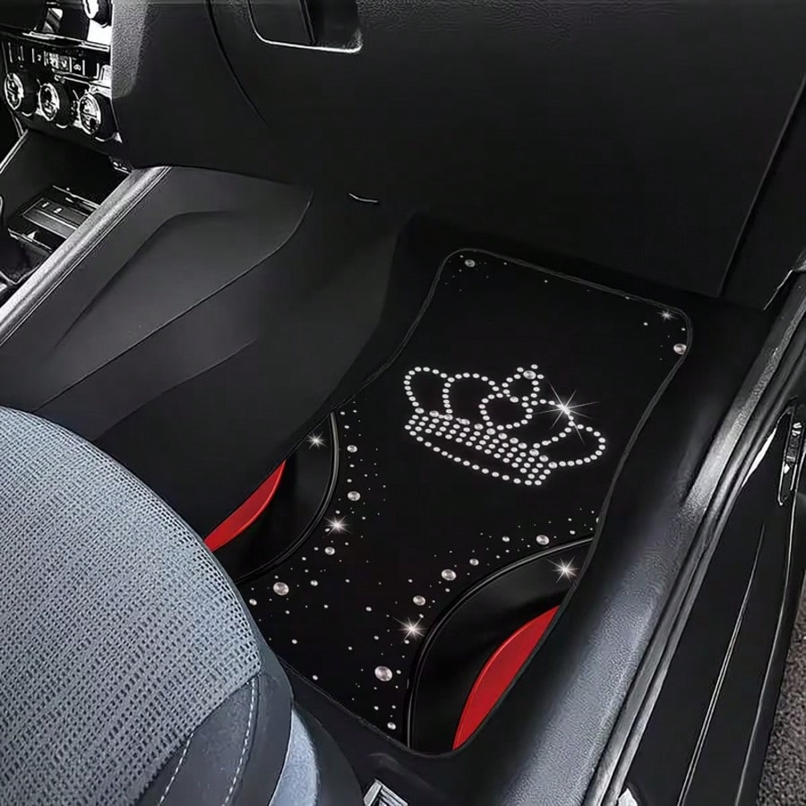 4pcs Universal Car Floor Mats, Black With Shiny Crown Design And Red Accents, 100% Polyester, Providing Stylish Interior Decor For Modern Cars, Combining Protection And Decoration Functions.