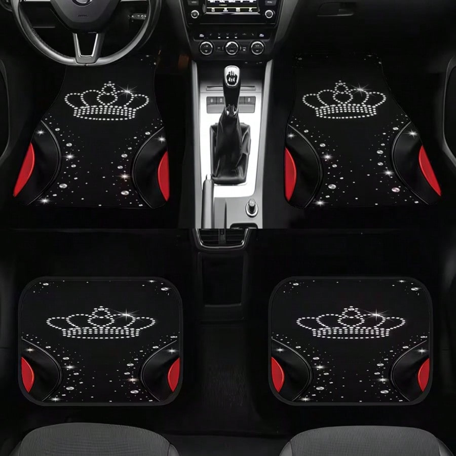 4pcs Universal Car Floor Mats, Black With Shiny Crown Design And Red Accents, 100% Polyester, Providing Stylish Interior Decor For Modern Cars, Combining Protection And Decoration Functions.