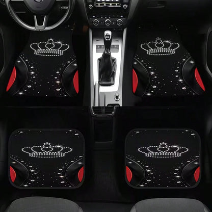 4pcs Universal Car Floor Mats, Black With Shiny Crown Design And Red Accents, 100% Polyester, Providing Stylish Interior Decor For Modern Cars, Combining Protection And Decoration Functions.