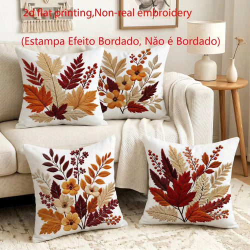 4pcs Vintage Autumn Maple Leaf & Floral Pillow Covers, American Country Brown Tone Autumn Leaves & Berry Floral Print Pattern, Single-Sided 2D Flat Printing, Non-3D Real Embroidery, 45x45cm (18x18in)