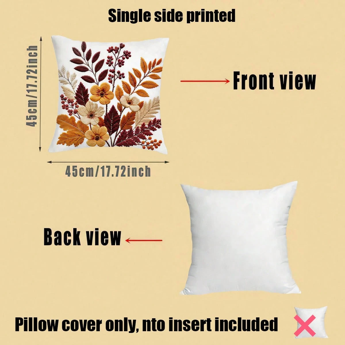 4pcs Vintage Autumn Maple Leaf & Floral Pillow Covers, American Country Brown Tone Autumn Leaves & Berry Floral Print Pattern, Single-Sided 2D Flat Printing, Non-3D Real Embroidery, 45x45cm (18x18in)