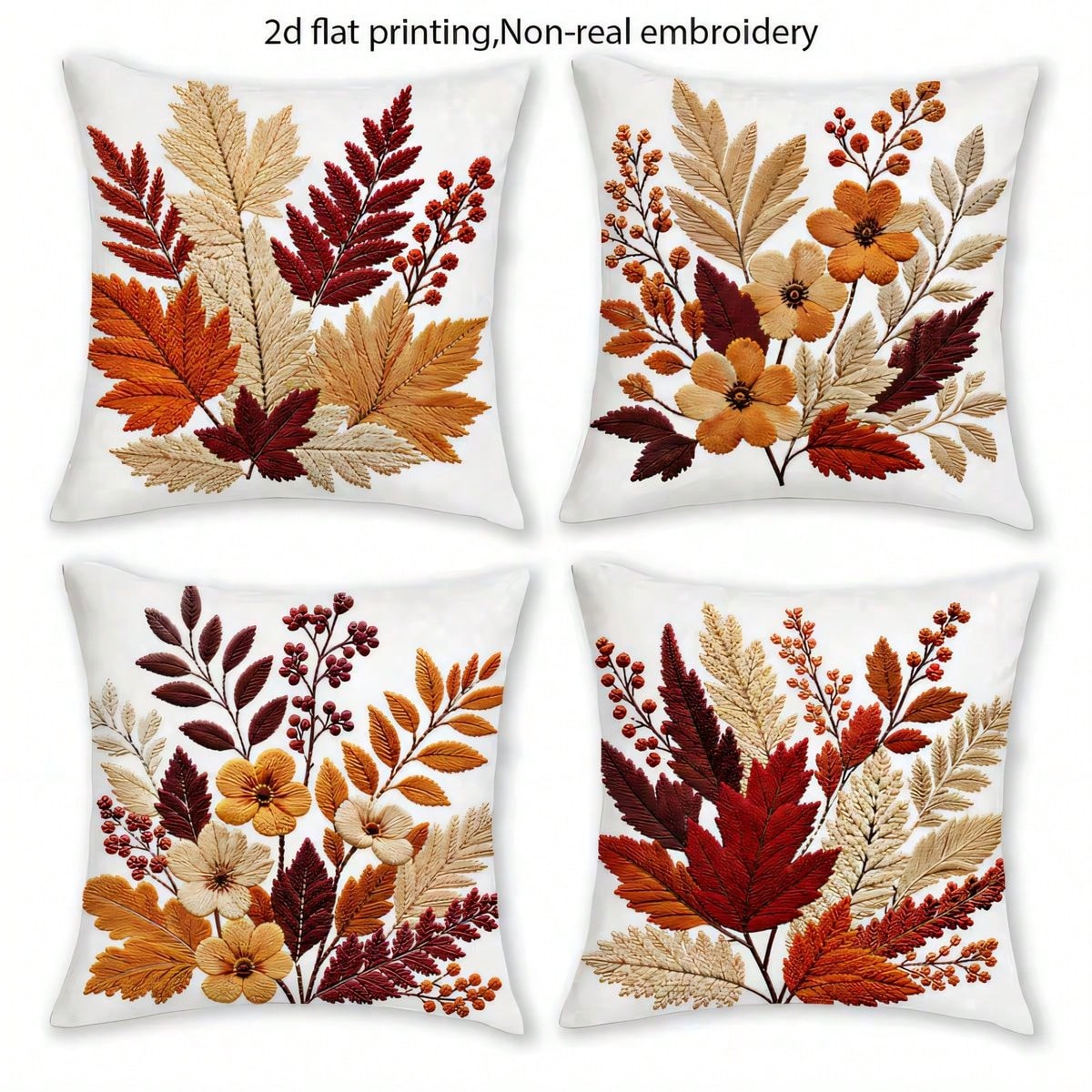4pcs Vintage Autumn Maple Leaf & Floral Pillow Covers, American Country Brown Tone Autumn Leaves & Berry Floral Print Pattern, Single-Sided 2D Flat Printing, Non-3D Real Embroidery, 45x45cm (18x18in)