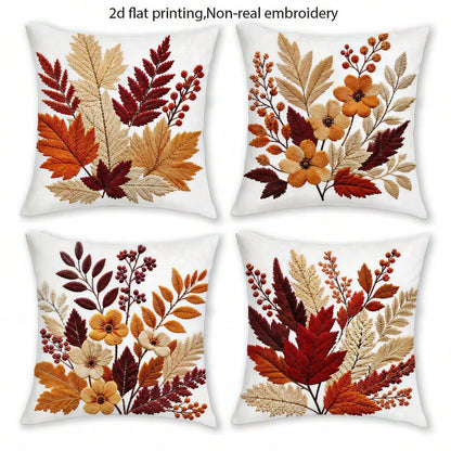 4pcs Vintage Autumn Maple Leaf & Floral Pillow Covers, American Country Brown Tone Autumn Leaves & Berry Floral Print Pattern, Single-Sided 2D Flat Printing, Non-3D Real Embroidery, 45x45cm (18x18in)
