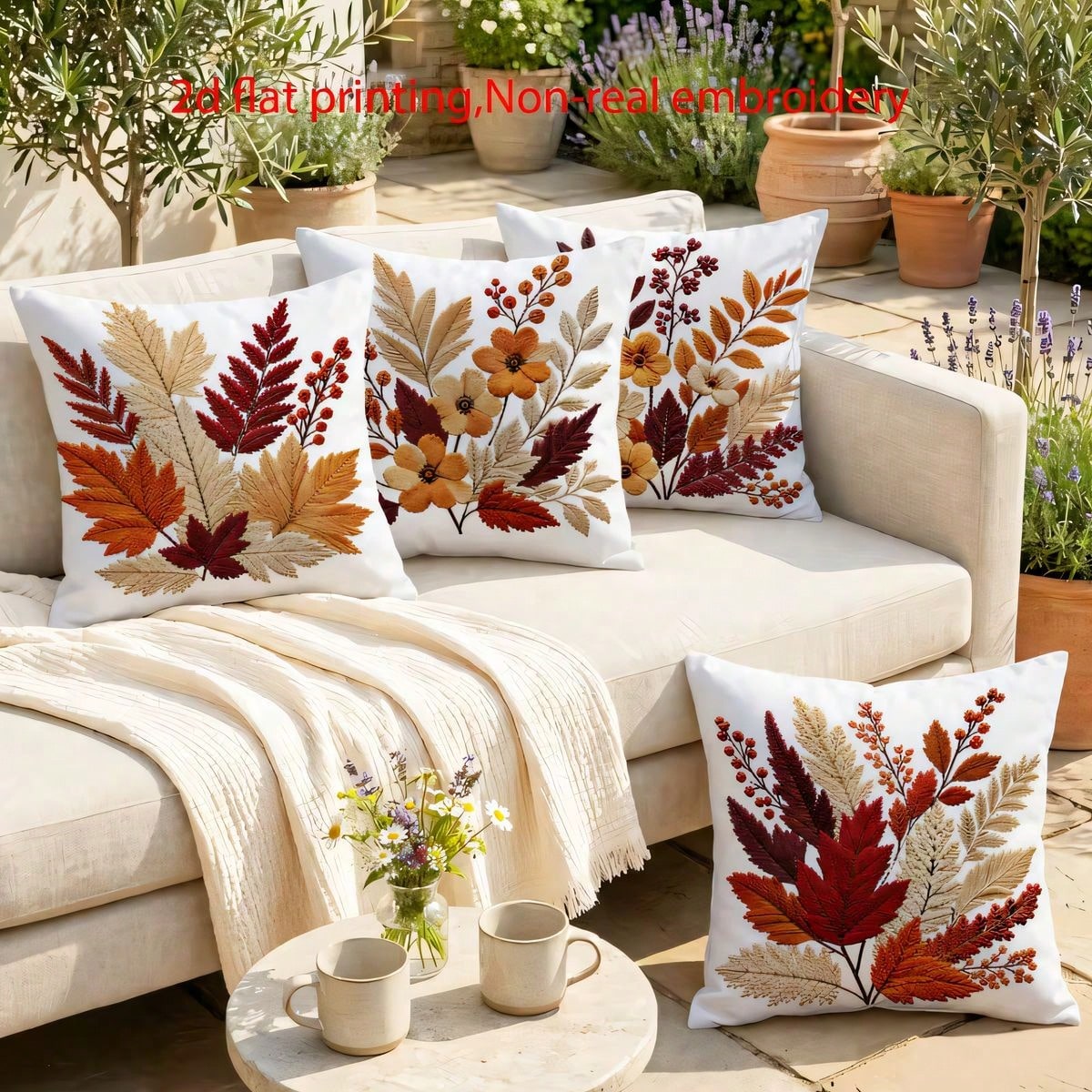 4pcs Vintage Autumn Maple Leaf & Floral Pillow Covers, American Country Brown Tone Autumn Leaves & Berry Floral Print Pattern, Single-Sided 2D Flat Printing, Non-3D Real Embroidery, 45x45cm (18x18in)