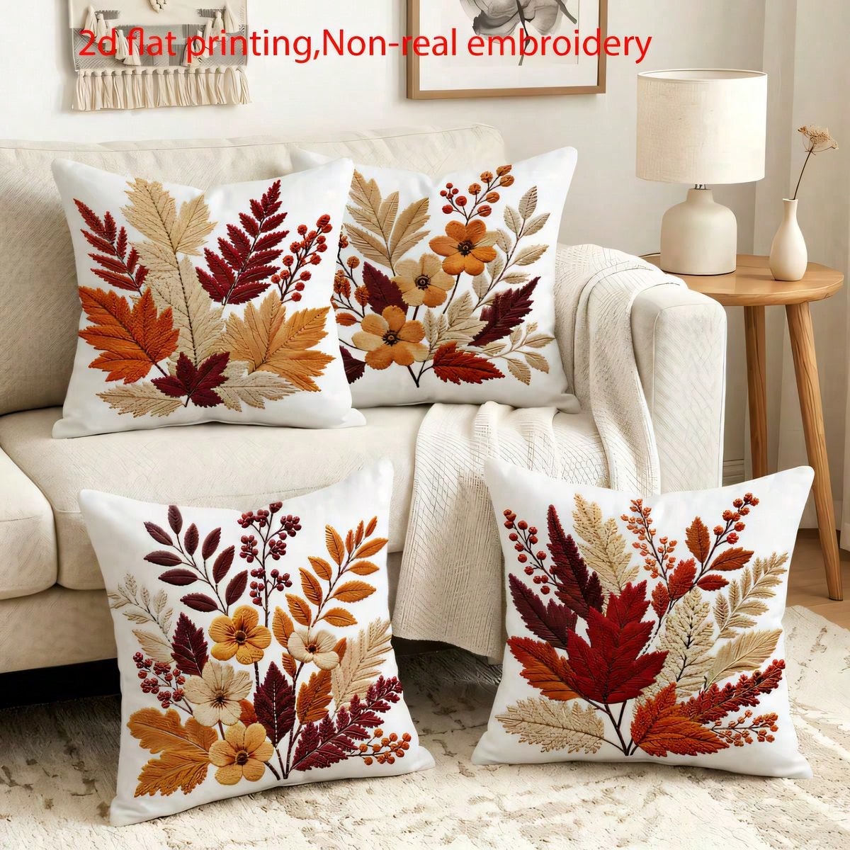 4pcs Vintage Autumn Maple Leaf & Floral Pillow Covers, American Country Brown Tone Autumn Leaves & Berry Floral Print Pattern, Single-Sided 2D Flat Printing, Non-3D Real Embroidery, 45x45cm (18x18in)