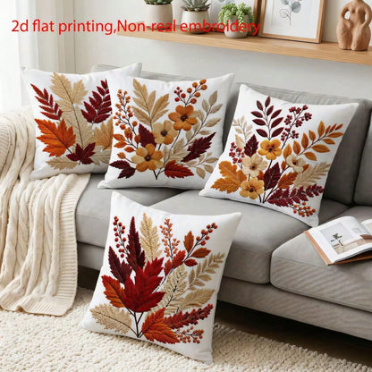 4pcs Vintage Autumn Maple Leaf & Floral Pillow Covers, American Country Brown Tone Autumn Leaves & Berry Floral Print Pattern, Single-Sided 2D Flat Printing, Non-3D Real Embroidery, 45x45cm (18x18in)