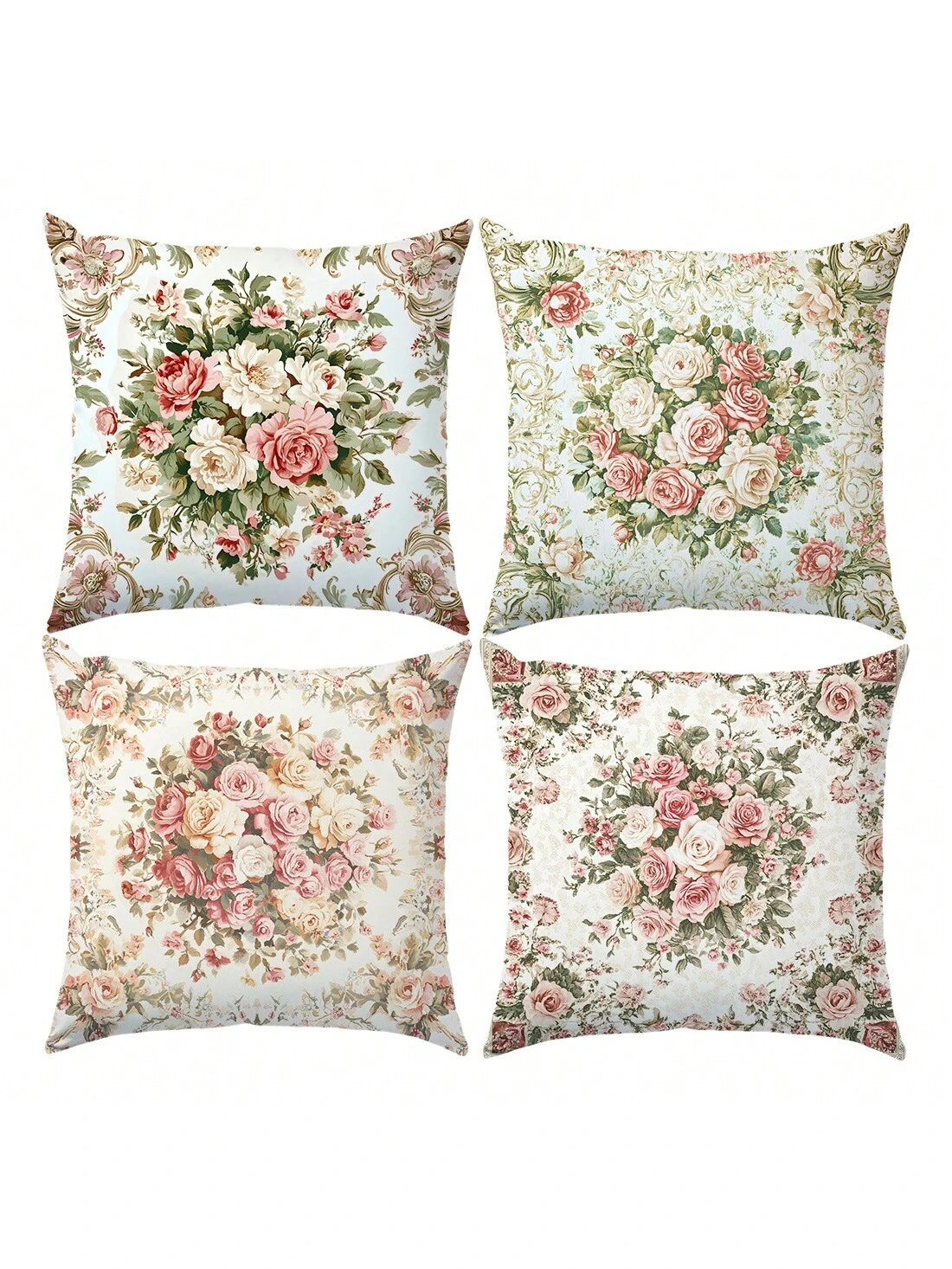 4pcs Vintage Pink & White Rose Floral Cushion Cover Set, Single-Sided Printed Peach Velvet Material, 45*45/40*40/50*50CM Pillow Case Suitable For Modern Minimalist Sofa Living Room Decor, Gift, Party