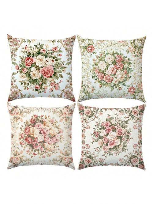 4pcs Vintage Pink & White Rose Floral Cushion Cover Set, Single-Sided Printed Peach Velvet Material, 45*45/40*40/50*50CM Pillow Case Suitable For Modern Minimalist Sofa Living Room Decor, Gift, Party