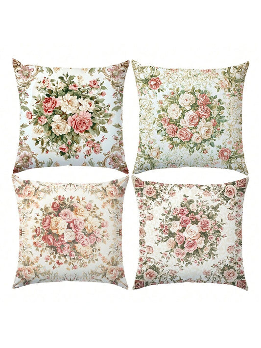 4pcs Vintage Pink & White Rose Floral Cushion Cover Set, Single-Sided Printed Peach Velvet Material, 45*45/40*40/50*50CM Pillow Case Suitable For Modern Minimalist Sofa Living Room Decor, Gift, Party