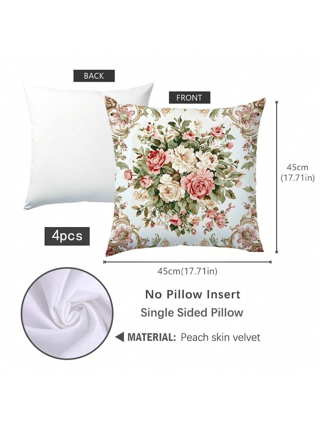 4pcs Vintage Pink & White Rose Floral Cushion Cover Set, Single-Sided Printed Peach Velvet Material, 45*45/40*40/50*50CM Pillow Case Suitable For Modern Minimalist Sofa Living Room Decor, Gift, Party