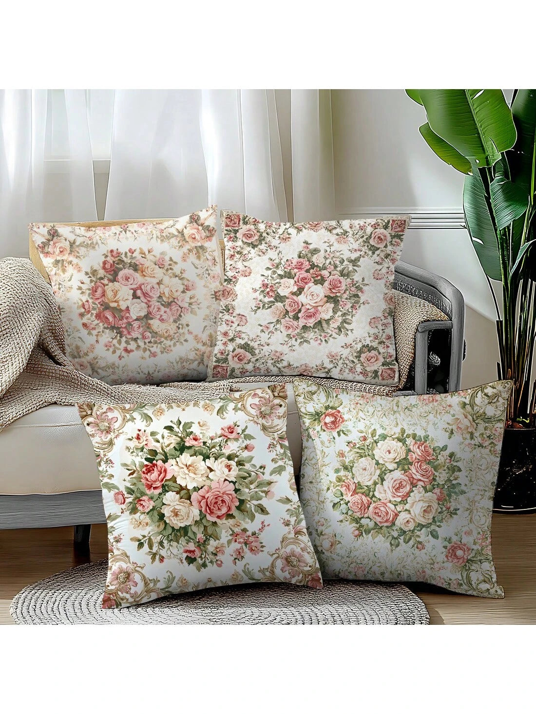 4pcs Vintage Pink & White Rose Floral Cushion Cover Set, Single-Sided Printed Peach Velvet Material, 45*45/40*40/50*50CM Pillow Case Suitable For Modern Minimalist Sofa Living Room Decor, Gift, Party