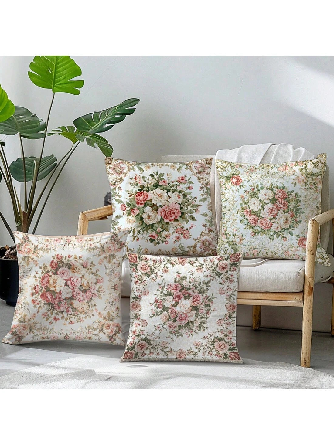 4pcs Vintage Pink & White Rose Floral Cushion Cover Set, Single-Sided Printed Peach Velvet Material, 45*45/40*40/50*50CM Pillow Case Suitable For Modern Minimalist Sofa Living Room Decor, Gift, Party